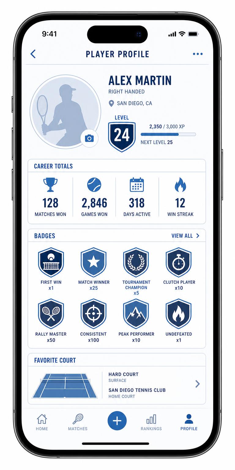 Player card screen with totals and badges