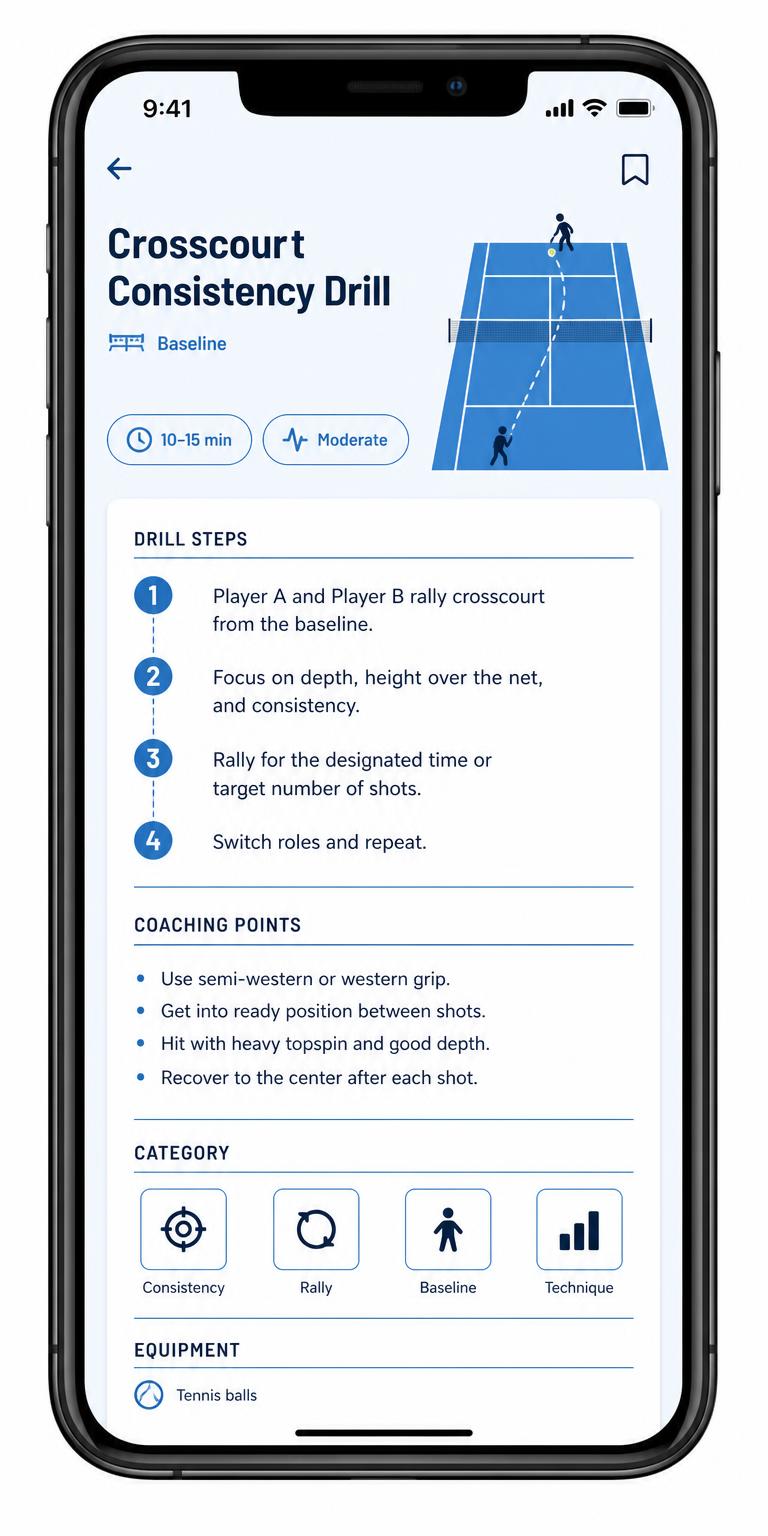 Drill detail screen with numbered steps and coaching points